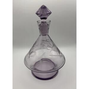 Vintage Amethyst Cut Glass Decanter with Stopper Etched Floral Pattern 8"